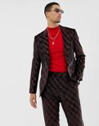 Asos Design Super Skinny Suit Jacket In Velvet With Red Glitter Design - Red