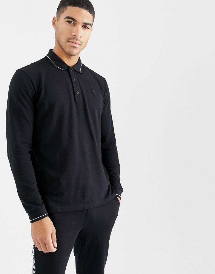 Hugo Donol Long Sleeve Tipped Pique Polo In Black - Black