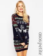 Asos Petite Holidays Sweater In Reindeer Fair Isle - Navy