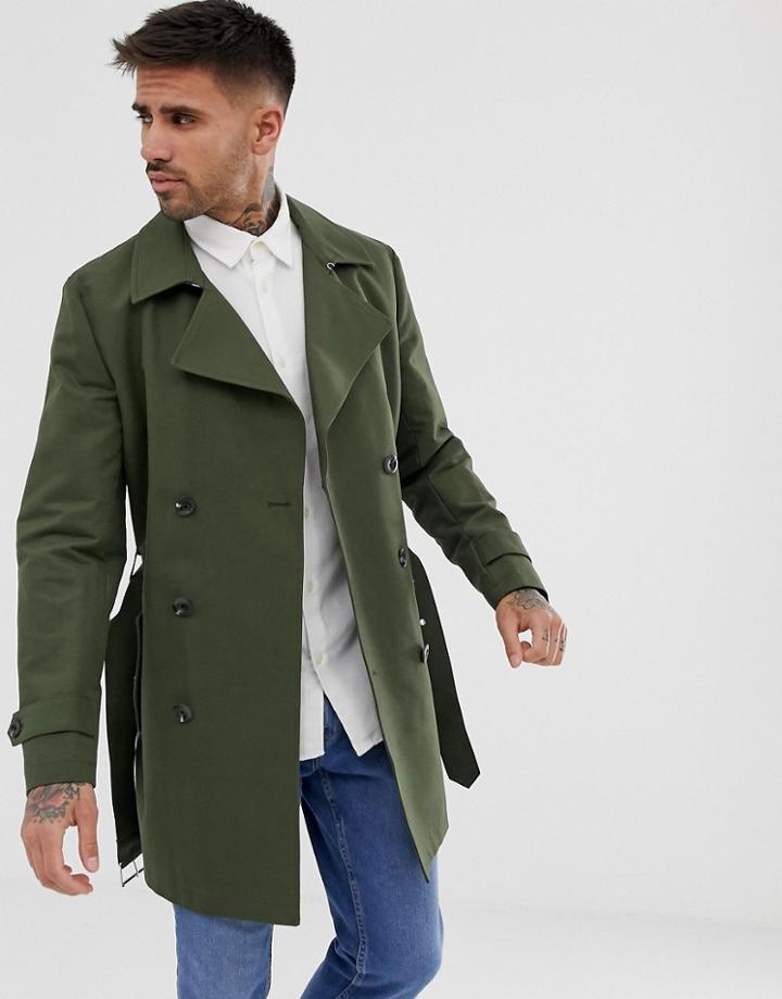 Asos Design Shower Resistant Double Breasted Trench In Khaki-green