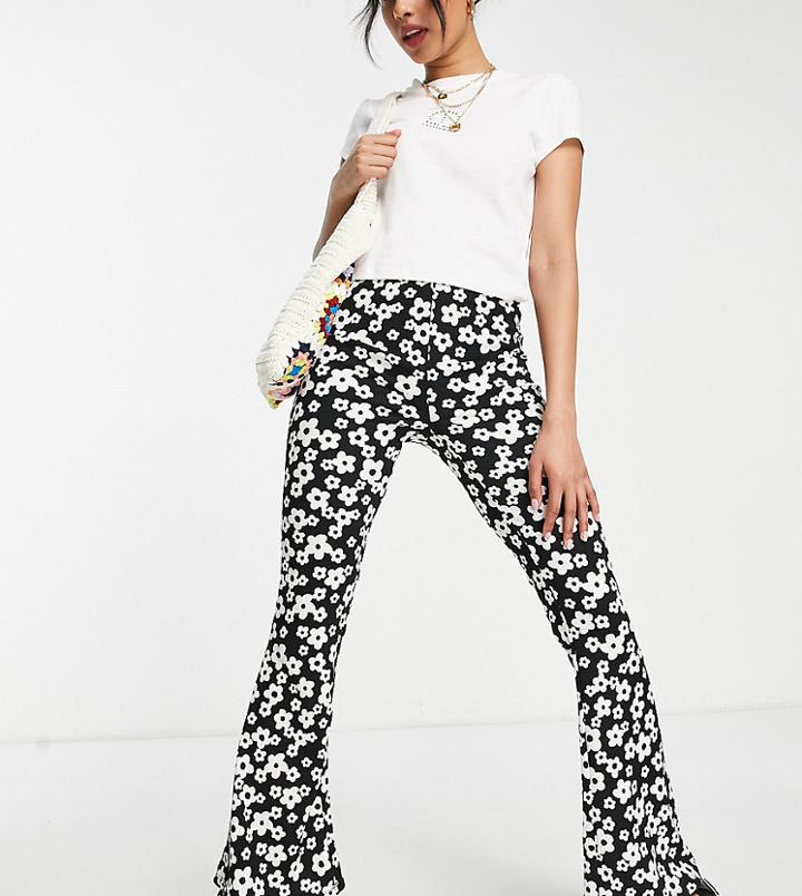 New Look Petite Flare Pants In Black Retro Floral Print