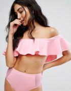 Missguided Bardot Frill Bikini Top - Pink