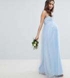 Chi Chi London Maternity Bardot Neck Sleeveless Maxi Dress With Premium Lace And Tulle Skirt - Blue