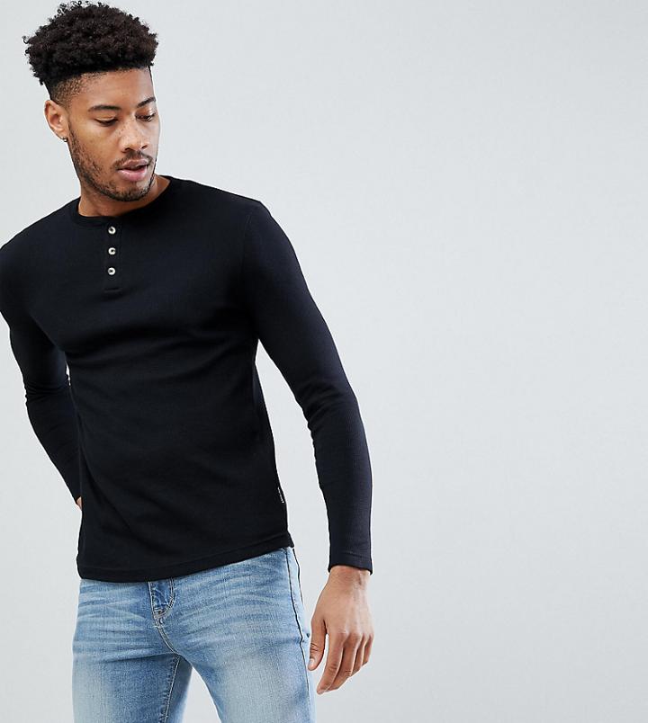 D-struct Tall Grandad Neck Long Sleeve Top - Black
