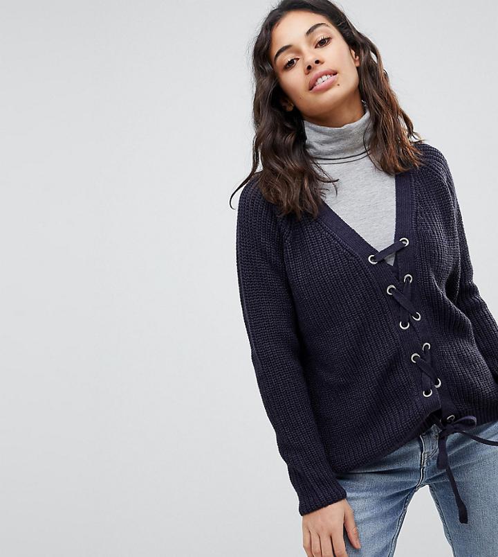 Brave Soul Petite Dice Lace Up Sweater - Navy