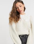 Topshop Crochet Collar Sweater In Ecru-white