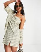 Topshop Short Sleeve Pocket Shirt In Check Khaki-green