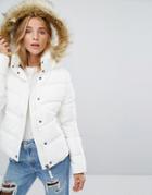 Bershka Padded Jacket With Faux Fur Trim Hood - Cream