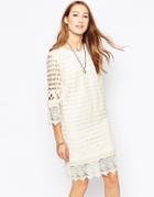 Ichi 3/4 Sleeve Crochet Shift Dress - Eggnog