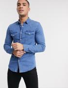Asos Design Skinny Fit Western Organic Denim Shirt In Mid Wash-blues