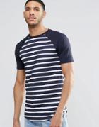 Asos Longline Muscle T-shirt In Stripe With Curved Hem - Navy
