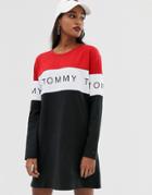 Tommy Jeans Color Block Stripe Logo Oversized T-shirt Dress - Red