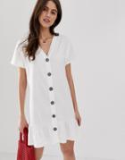 Asos Design Button Through Slubby Mini Dress With Pep Hem - White