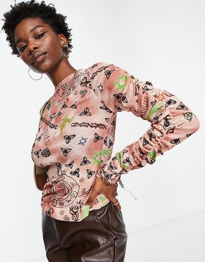 Topshop Tattoo Print Long Sleeve Ruched Top In Multi