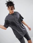 Asos Design Festival Oversized T-shirt With Fringing And Studding In Washed Black - Gray