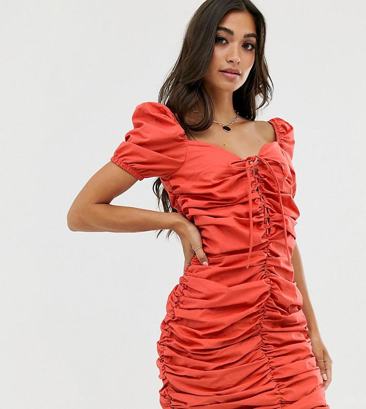 Glamorous Petite Ruched Front Dress With Tie Front-red