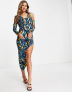 Naanaa Halter Neck Side Ruched Dress With Sleeves In Blue Marble