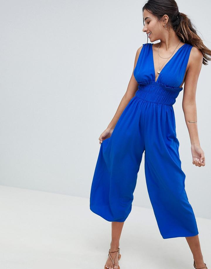 Asos Design Ruched Waist Plunge Jumpsuit - Multi