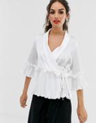 Outrageous Fortune Wrap Front Top With Ruffle Pleat Detail In White - White