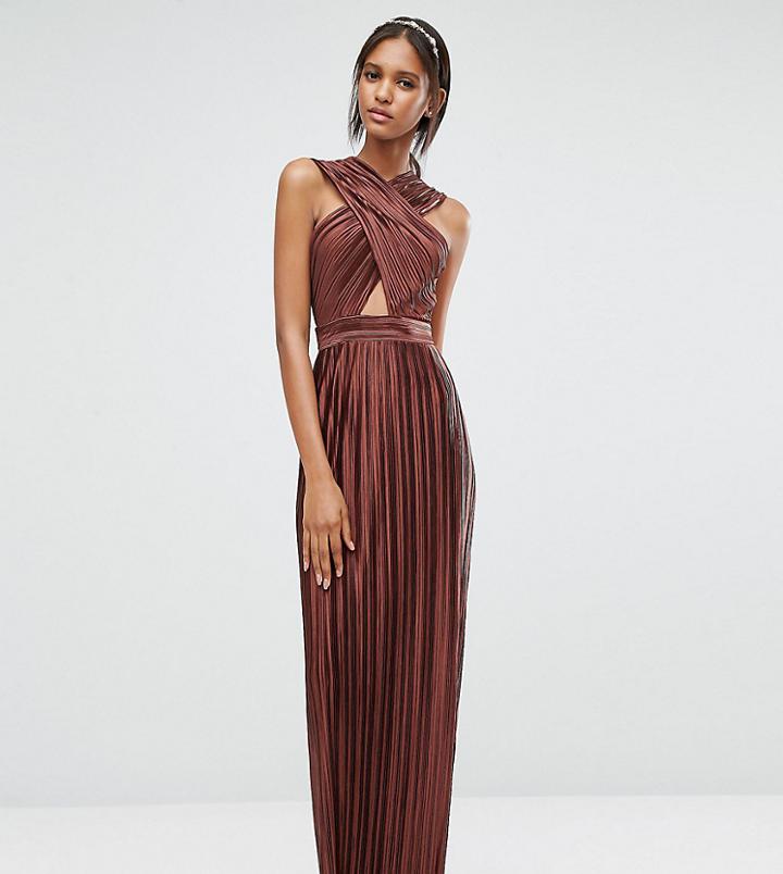 True Decadence Tall Allover Pleated Cross Front Open Back Maxi Dress - Brown