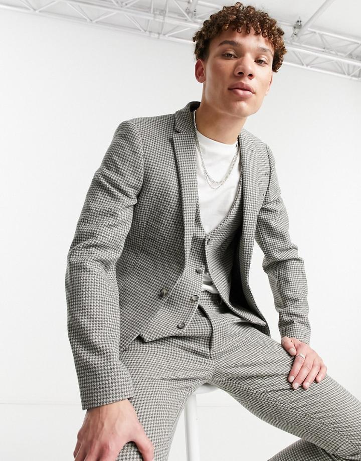 Asos Design Wedding Super Skinny Suit Jacket In Gray Wool Blend Micro Houndstooth-grey
