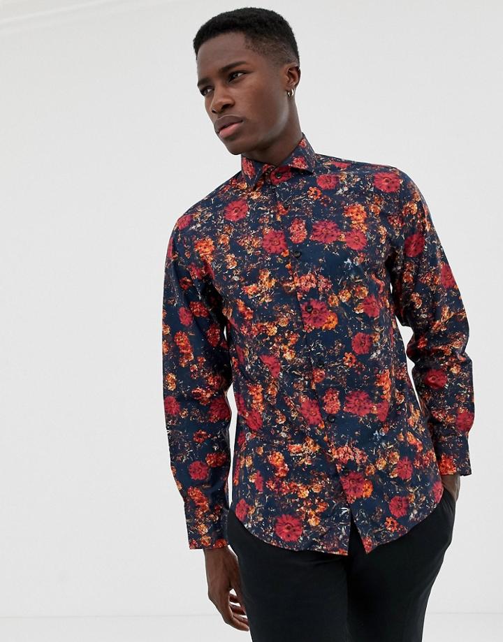 Selected Homme Floral Printed Smart Shirt In Slim Fit-black