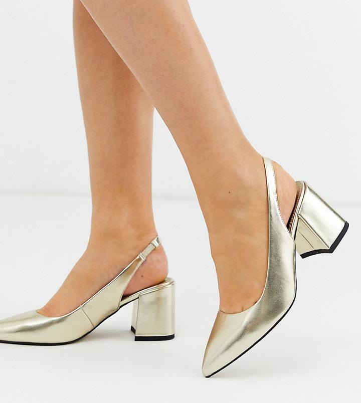 Asos Design Wide Fit Samson Slingback Mid Heels In Gold