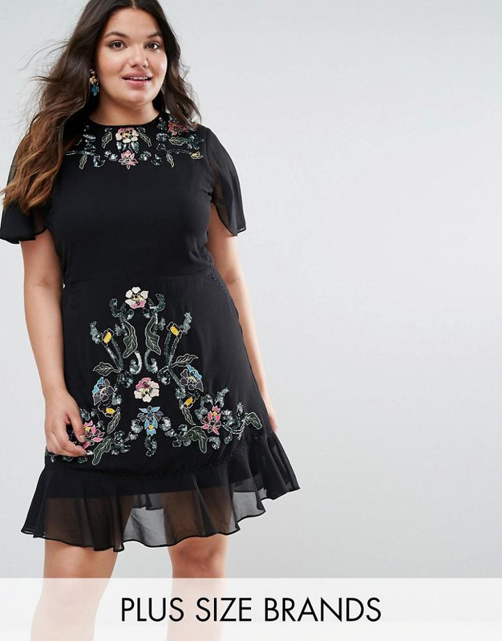 Frock And Frill Plus Embroidered Mesh Overlay Dress With Peplum Hem - Black