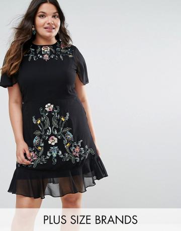 Frock And Frill Plus Embroidered Mesh Overlay Dress With Peplum Hem - Black
