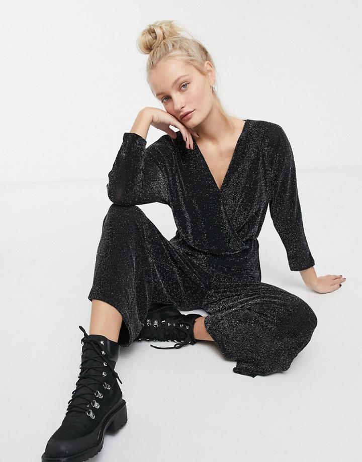 Monki Wrap Wide Leg Jumpsuit In Black Glitter