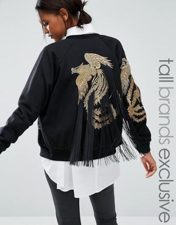 Starry Eyed Tall Zip Front Sweater With Gold Bird Back Detail - Black