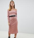 Lost Ink Petite Midi Bardot Dress With Belt In Rib - Pink