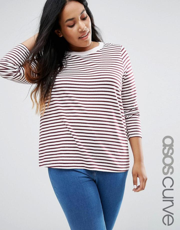 Asos Curve Crew Neck T-shirt In Stripes With Long Sleeves - Cream