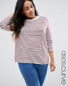 Asos Curve Crew Neck T-shirt In Stripes With Long Sleeves - Cream