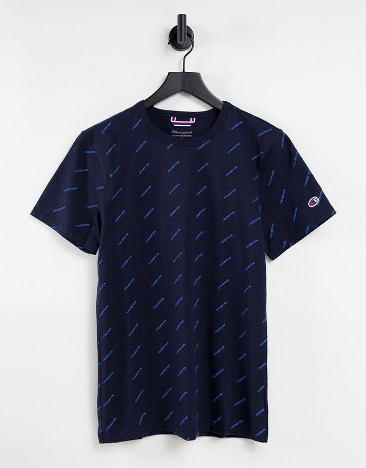 Champion All Over Logo Print T-shirt In Navy