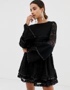 Dolly & Delicious Bell Sleeve Layered Lace Mini Dress - Black