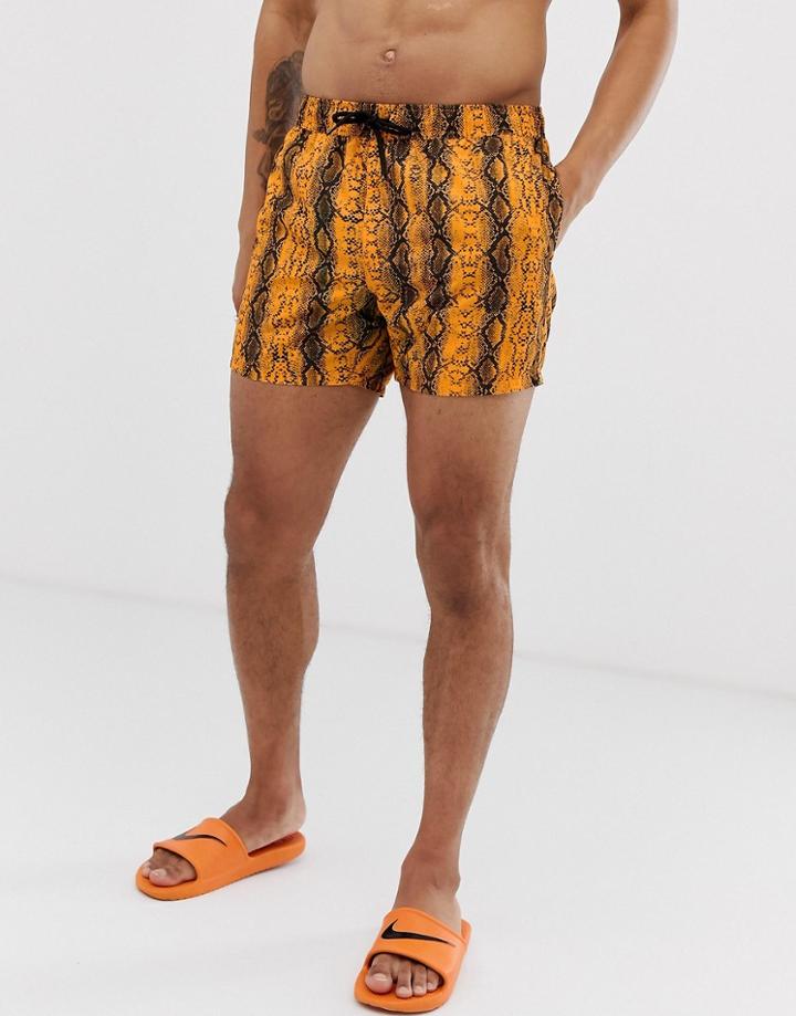 Asos Design Swim Shorts In Neon Orange Snake Print Short Length - Orange
