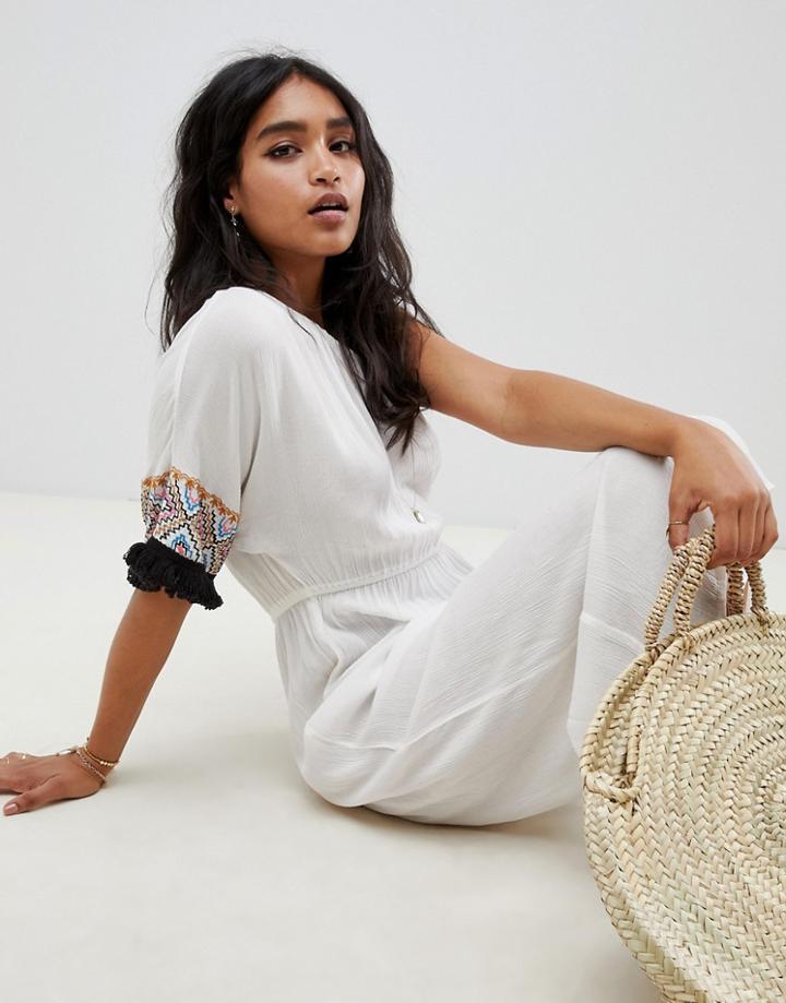 Asos Design Embroidered Fringed Tape One Shoulder Beach Jumpsuit In White