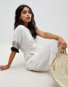 Asos Design Embroidered Fringed Tape One Shoulder Beach Jumpsuit In White