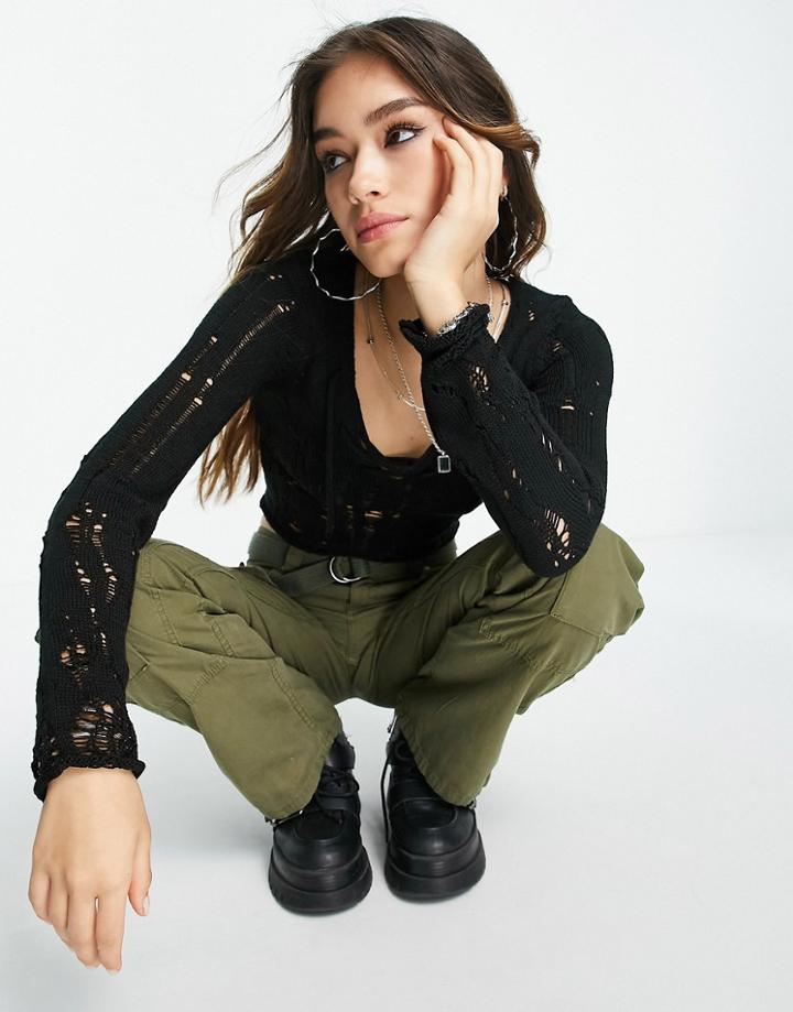 Asos Design Lace Up Sweater With Ladder Stitch Detail In Black
