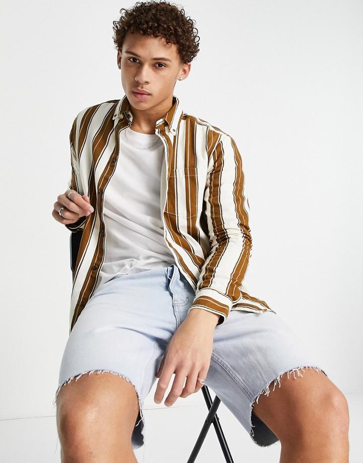Only & Sons Vertical Stripe Shirt In Tan & Beige-brown