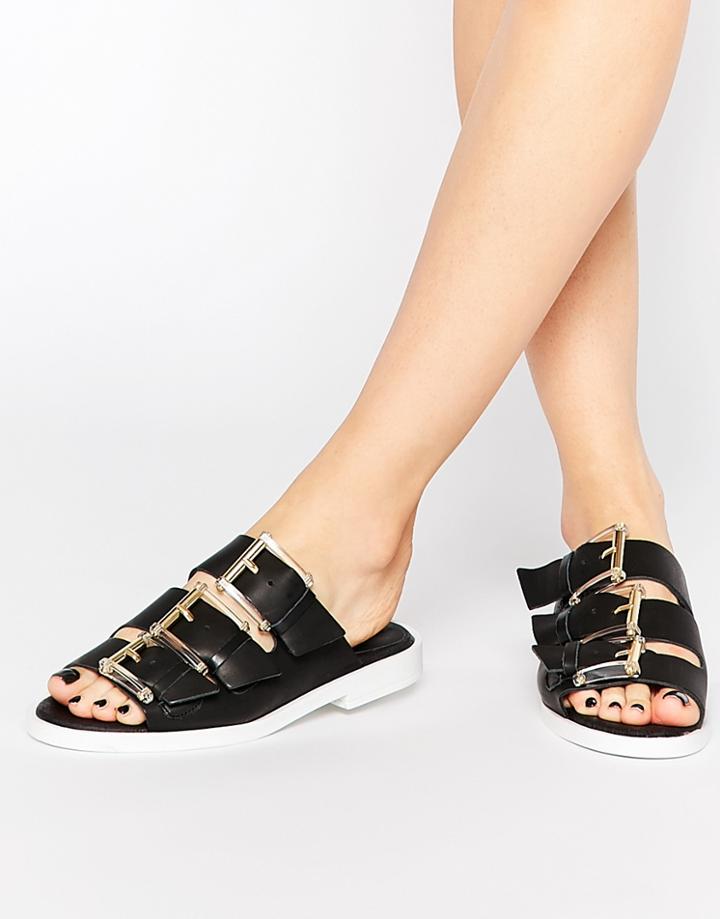 Miista Emmie Buckle Slide Leather Flat Sandals - Black