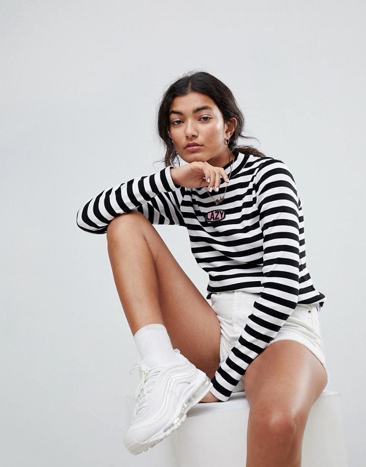 Lazy Oaf Fitted Long Sleeve Top With Lazy Patch In Bold Stripe - Black