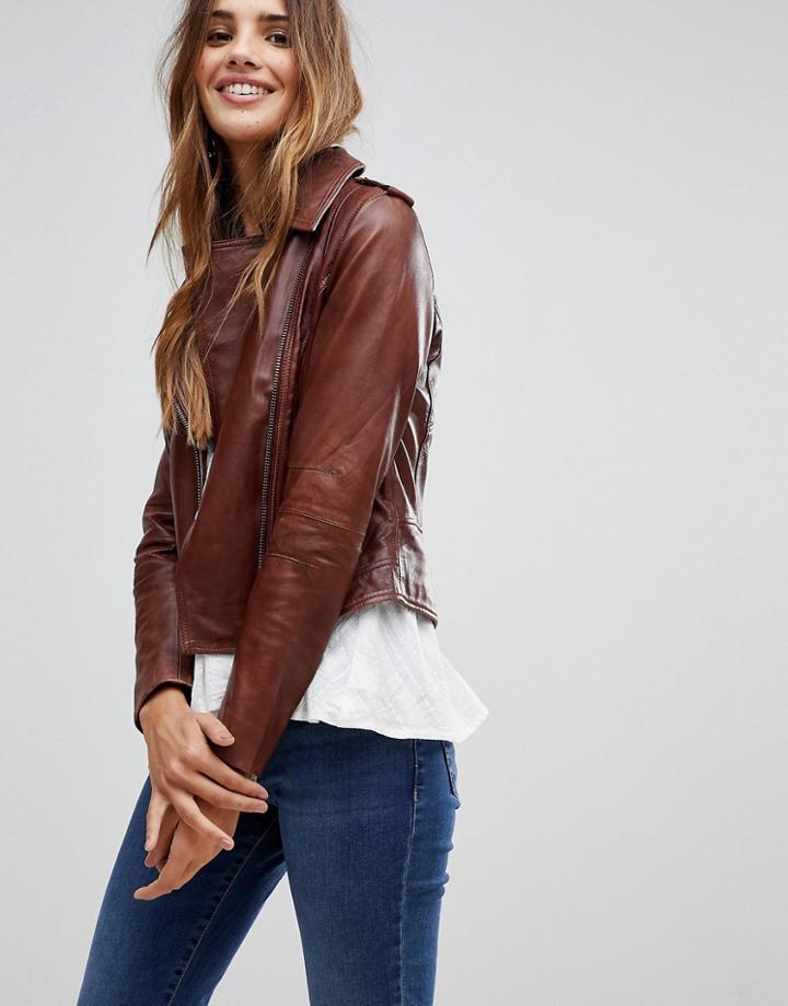 Barneys Originals Leather Biker Jacket In Deep Tan - Brown