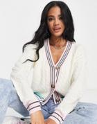 Brave Soul Brioche Cardigan With Contrast Piping In Cream-white
