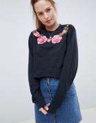 Asos Design Sweatshirt With Floral Embroidery In Washed Black - Gray