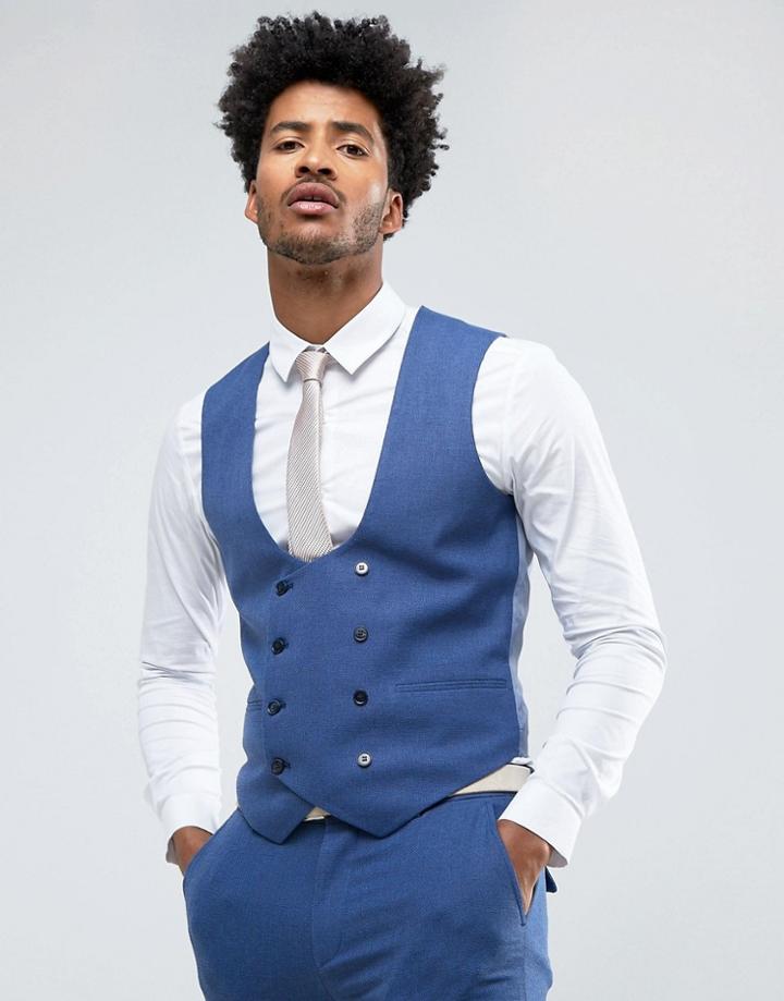 Asos Wedding Super Skinny Suit Vest In Bright Blue Micro Texture - Blue
