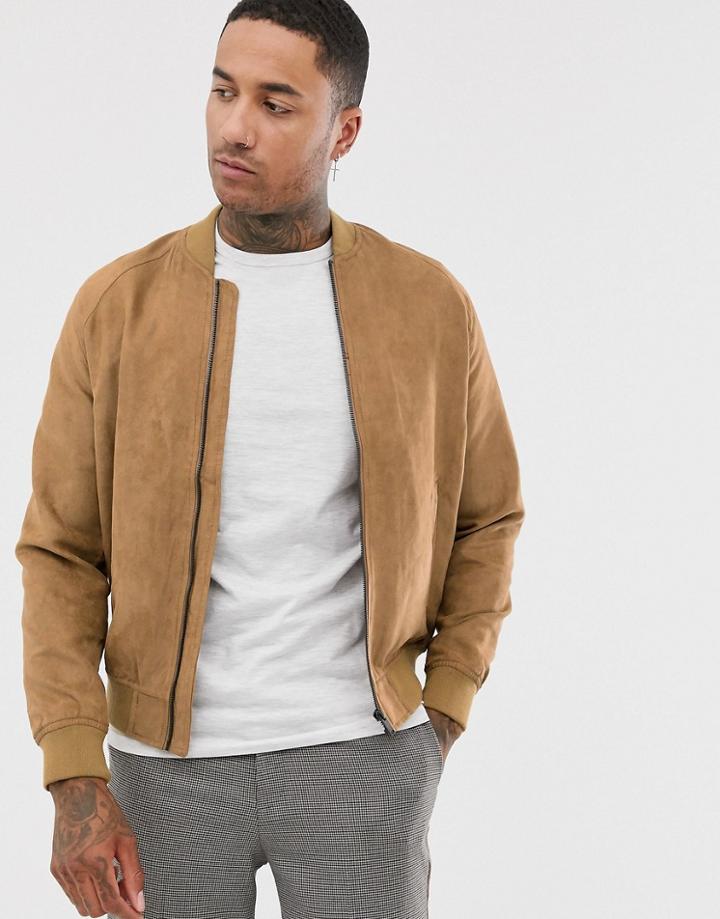 Bershka Faux Suede Bomber Jacket In Brown - Tan