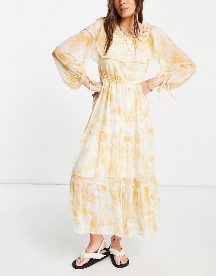 River Island Floral Print Tiered Bardot Maxi Dress In Yellow