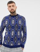 Asos Design Metallic Sweater With Geo-tribal Design - Blue
